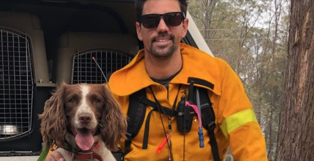 Ryan Tate and his English springer spaniel Taylor take a break from searching. Photo courtesy of Ryan Tate.